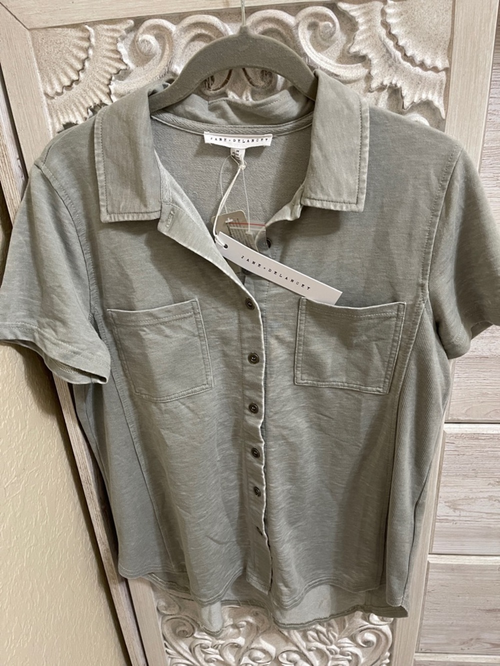 Jane and Delancey Relaxed Button-Up Pocket Tee in Sage Green